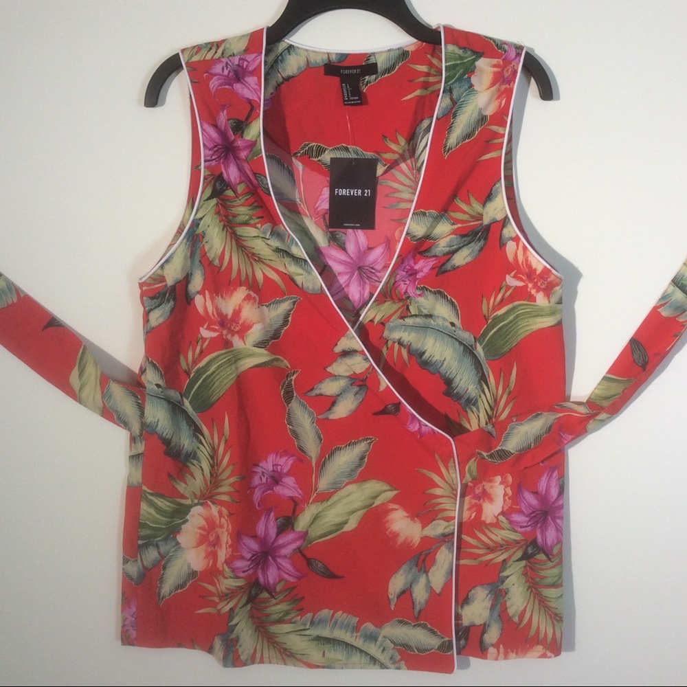 Forever 21 Red Hawaiian Kimono Wrap Tank Top Floral Sleeveless Waist Tie Bow